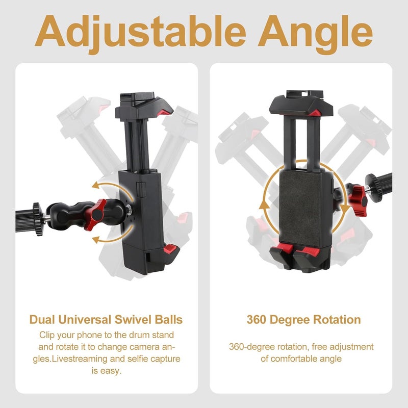 RANMING Drum Set Phone Holder Adjustable Angle Phone Clamp Drum Phones Mount for Recording Drummer Accessories Phones Holder for Electronic Drum Set Compatible with Smartphone and Tablet Computer - Image 4
